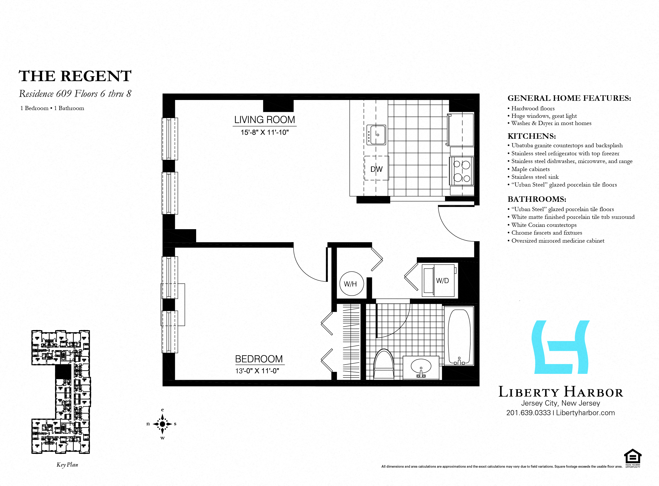 Floor plan for 1 bed, 1 bath, 623 sqft
